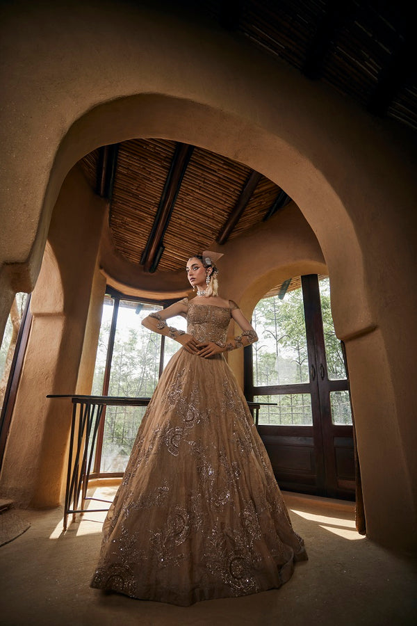 Beige gold tissue Lehnga set with corset blouse
